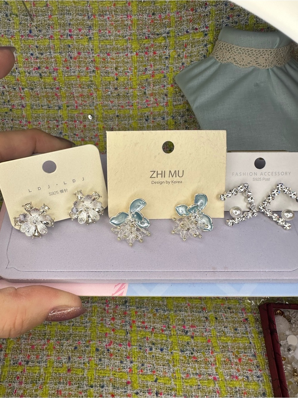 A great Blue Floral Crystal Drop Earrings 3 pairs